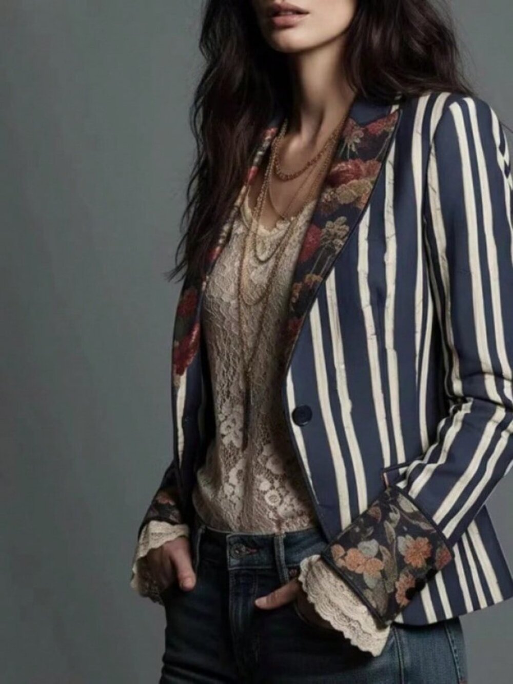 Blue Elegant Women's Boho Striped Blazer Contrast Color Blazer Jacket - Picture 4 of 6
